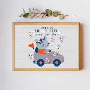 Birth Announcement Cross Stitch Pattern PDF Mouse Car, Boy, Girl, Embroidery