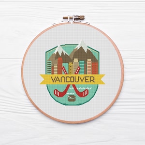 Vancouver Cross Stitch Pattern PDF, Canada, Travel, DIY Gift, Embroidery Pattern, hockey
