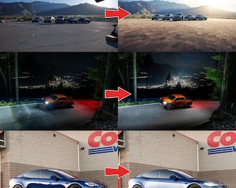 Könnte beinhalten: Ein Vergleich nebeneinander von drei verschiedenen Bildbearbeitungstechniken. Das erste Bild zeigt eine Reihe von Autos, die auf einem Parkplatz geparkt sind. Das zweite Bild zeigt die gleiche Reihe von Autos, aber mit einem realistischeren Hintergrund und Beleuchtung. Das dritte Bild zeigt einen blauen Tesla Model S, der vor einem Costco-Geschäft geparkt ist.
