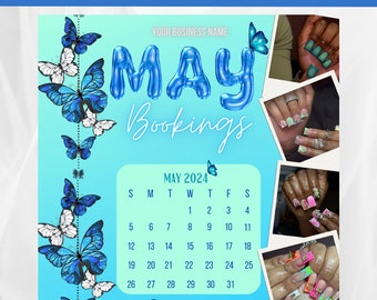 May Booking Flyer, Blue Butterfly’s, May Appointment, Nail Tech Booking, Hair Stylist, Makeup Artist, Booking Flyer Template, Canva Template