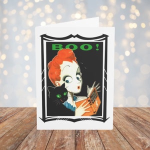 Vintage Style Halloween Card, Black Cat, Greeting Cards, Blank Cards, Set of Cards, Retro Vibes, Nostalgic, Spooky Cute, Whimsical, Ghost