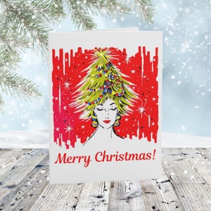 Tarjetas navideñas de estilo de mediados de siglo, árbol de Navidad, estilo glamoroso, estilo vintage, tarjetas de felicitación, tarjetas en blanco, tarjetas navideñas, estilo Hollywood Regency