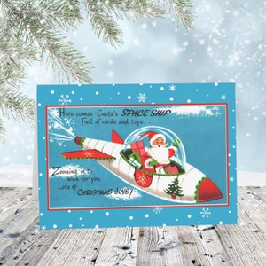 Cartes de Noël Père Noël atomique de style vintage, Vaisseau spatial, Cartes de voeux, Cartes vierges, Cartes de vœux, Fantastique, Vacances rétro, Jeux de cartes