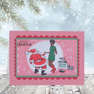 Afro-Amerikaanse dansende kerstman kerstkaarten, vintage look, retro kerst, kerstkaarten, blanco kaarten, wenskaarten, set van 10+, 7 x 5
