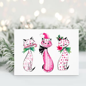 Cartoline di Natale con gatti rosa retrò, biglietti d'auguri, biglietti di auguri, Natale rosa, Natale retrò, cartoline di buon Natale, stile vintage