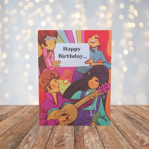 Vintage stijl hippie verjaardagskaart, wenskaart, gelukkige verjaardag, retro vibes, jaren 60, 70, nostalgisch, muziek, gitaar, kleurrijk boho, esthetiek