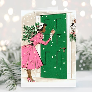 Biglietto di auguri natalizi afroamericano retrò, Natale retrò, Buon Natale, Natale rosa, set da 8, set da 16, set da 24, biglietti di auguri