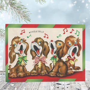 Biglietti di Natale in stile vintage con cuccioli canterini, Jingle Bells, biglietti di auguri, biglietti vuoti, biglietti di auguri, Natale retrò, set di 10+, 7 x 5