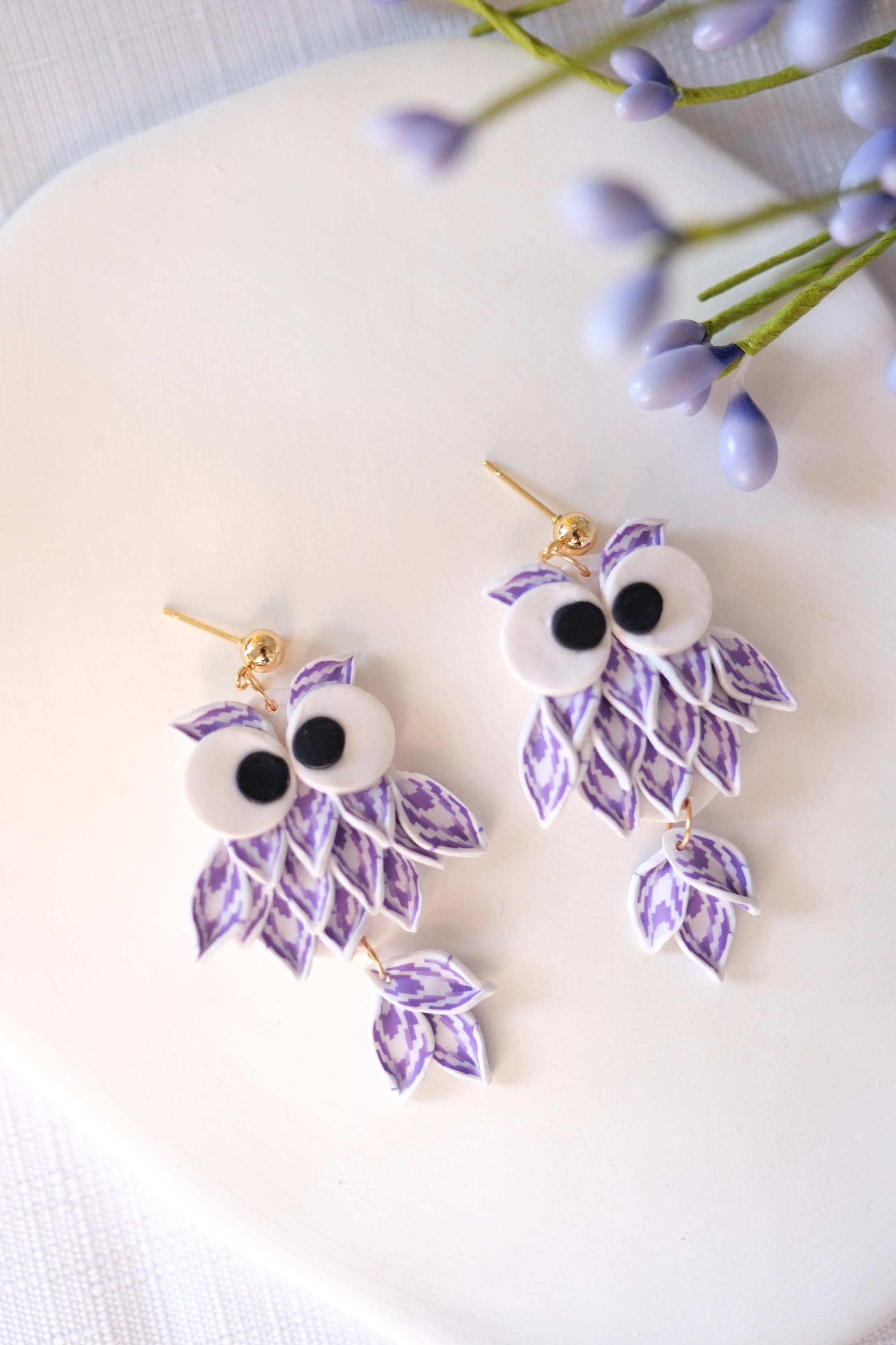 ClayandButterfly purple owl handmade polymer clay earrings