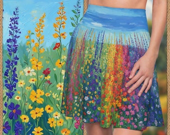 Rainbow Flowers Meadow Cottagecore Skirt Blue Sky Spring Summer | Botanical Boho Nature Floral Skirt | Skater Sport Skirt Mini Colorful
