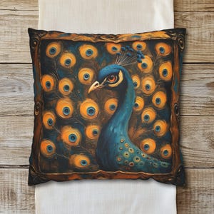Peacock Pillow Cover, Exotic Faux Suede Case Cottagecore Farmhouse Art Nouveau Style Decor Teal Yellow Nature Animal Pillow Feather Pattern