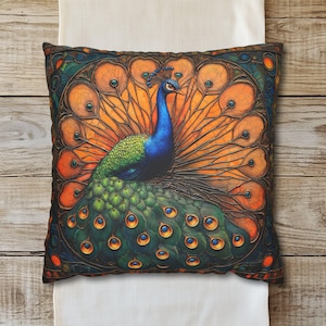 Peacock Pillow Cover, Exotic Faux Suede Case Cottagecore Farmhouse Art Nouveau Style Decor Orange Green Nature Animal Pillow Feather Pattern