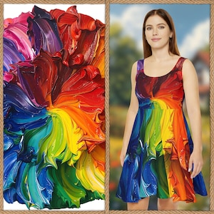 Vestido Pride con pintura arcoíris, Vestido de primavera y verano, Vestido con patrón de pintura arcoíris, Vestido skater sin mangas con cuello redondo