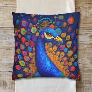 Peacock Pillow Cover, Exotic Faux Suede Case Cottagecore Farmhouse Colorful Style Decor Vibrant Blue Nature Animal Pillow Feather Pattern