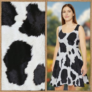 Faux Cowskin Pattern Dress Spring Summer Black and White Faux Cowhide Dress | Cottagecore Skater Dress Sleeveless Scoop Neck Dress Cottage