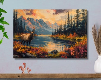Colorado Mountains Deer Canvas Art Print, Colorado Wall Decor, Mountains View Print Wall Art Housewarming Gift, Cabin Gift, River Wall Art