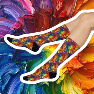 Rainbow Paint Flowers Cushioned Crew Socks, Pride Socks, Unique Gift LGBTQ, Retro Rainbow Flowers, Rainbow Lover Socks, Colorful Bold Socks