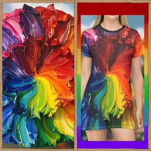 Pride Rainbow Dress Summer Dress, Rainbow Paint Pattern Dress, T-Shirt Dress, Sundress, Cottagecore Dress, Sleeve Dress, Pride Dress