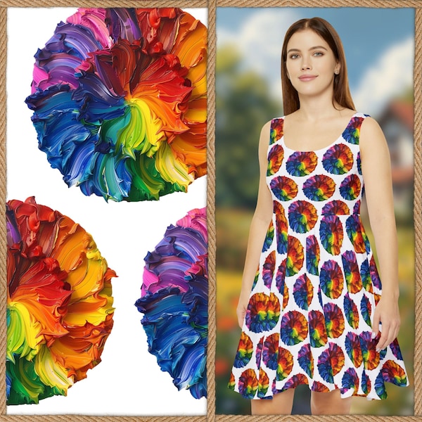 Pride Rainbow Flowers Dress Cottagecore Spring Summer Dress | Floral Rainbow Pattern Dress | Skater Dress Sleeveless Scoop Neck Dress