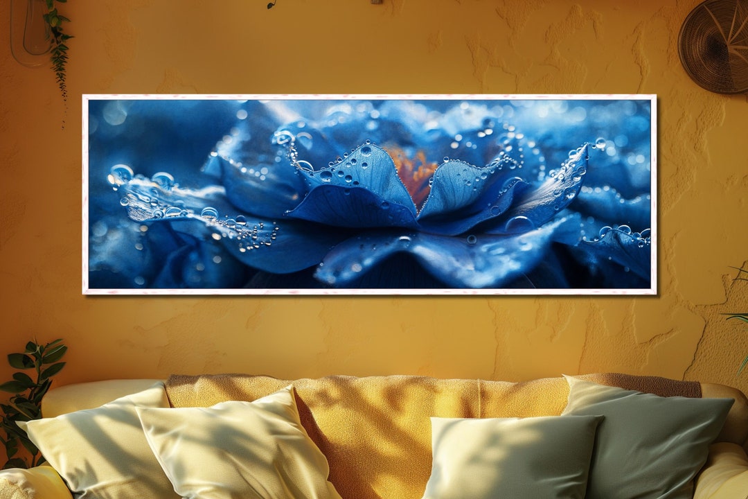 Big Blue Flowers Canvas Panoramic Wall Art Print, High Resolution Large ...