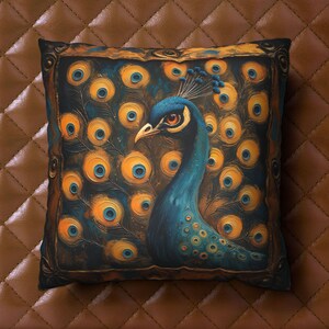 Peacock Pillow, Exotic Faux Suede Cushion Cottagecore Farmhouse Art Nouveau Style Decor Teal Yellow Nature Animal Pillow Feather Pattern