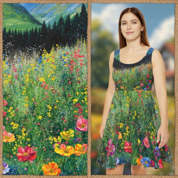 Flowers Meadow Dress Spring Summer Countryside Novelty Print Botanical Dress | Cottagecore Skater Dress Sleeveless Scoop Neck Dress