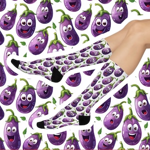 Funny Eggplant Cushioned Crew Socks, Purple Eggplant, Cottagecore Food, Unisex Socks, Pickle Pattern Socks, Funny Eggplants Socks, Aubergine