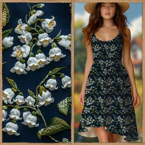 Crochet Style Print Lilly of the Valley Dress Spring Summer Dress | Botanical Nature Floral Dress | Skater Dress Sleeveless Scoop Neck Dress