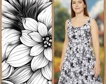 Black and White Floral Dress Cottagecore Spring Summer Dress | Botanical Nature Floral Dress | Skater Dress Sleeveless Scoop Neck Dress