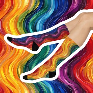 Rainbow Waves Cushioned Crew Socks, Pride Socks, Unique Gift LGBTQ, Retro Rainbow Pattern, Rainbow Lover Socks, Colorful Bold Socks