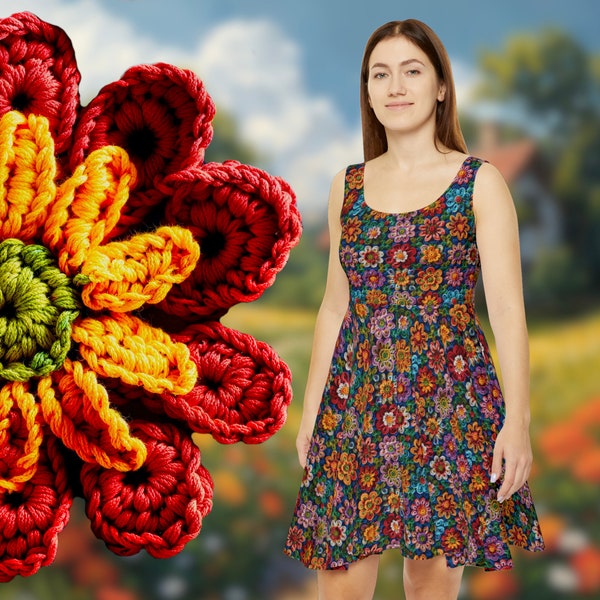Crochet Style Cottagecore Dress Spring Summer Dress | Botanical Nature Floral Dress | Skater Dress Sleeveless Scoop Neck Dress