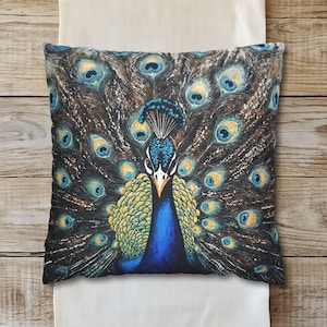 Peacock Pillow Cover, Exotic Faux Suede Case Cottagecore Farmhouse Watercolor Style Decor Blue Green Nature Animal Pillow Feather Pattern