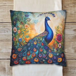 Peacock Pillow Cover, Exotic Faux Suede Case Cottagecore Farmhouse Art Nouveau Style Decor Colorful Nature Animal Pillow Feather Pattern