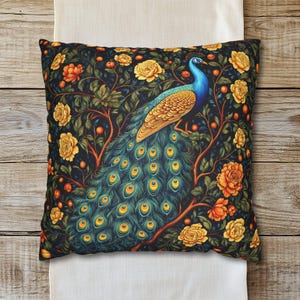 Peacock Roses Pillow Cover, Faux Suede Case Cottagecore Farmhouse Art Nouveau Style Decor Yellow Green Nature Animal Pillow Feather Pattern