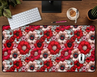 Faux Crochet Red Pink Wool Flowers Desk Mat, Cottagecore Decor Botanical Mousepad, Large Gaming Mousepad, Vintage Decor, Big Desk Pad Gift