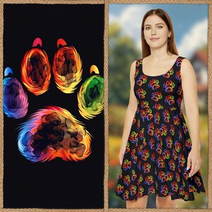 Pride Rainbow Paws Dress Spring Summer Dress | Rainbow Dog Cat Pattern Dress | Skater Dress Sleeveless Scoop Neck Dress