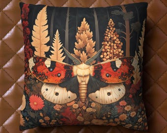 Moth Pillow, Woodland Faux Suede Cushion Cottagecore Farmhouse Dark Academia Butterfly Decor Red Gothic Pillow Mystical Celestial Gift