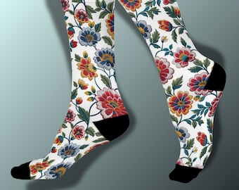 Faux Embroidery Polish Folk Flowers Cushioned Crew Socks, Cottagecore Socks, Unique Gift Boho, Retro Flowers, Gardening Lover Socks