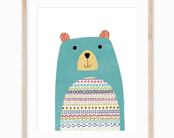 Colorful Bear Art Print: Woodland Animal Illustration for Kids' Nursery Wall Decor