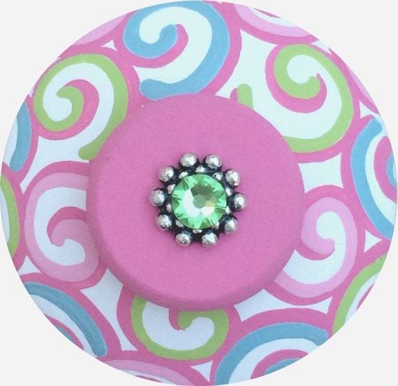 Hand Painted Jeweled Black White Hot Pink Swirls Decorative Wood