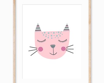 Cat Digital Download Printable Art Illustration Printable Girls Room Printable Wall Art Nursery Printable Animal Art Printable Illustration