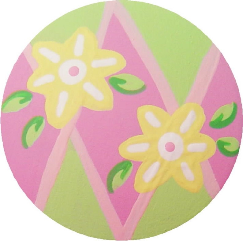 Hand Painted Pink and Green Flower Diamonds Argyle Knobs Wood Drawer Knobs Drawer Pulls Kids Knobs Girls Knobs Decorative Knobs Nursery Art