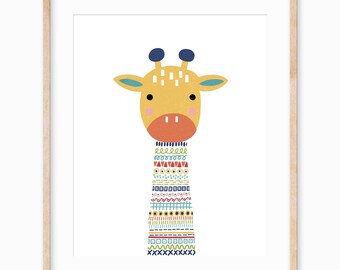 Colorful Giraffe Safari Printable Wall Art for Kids Nursery - Woodland Animal Illustration