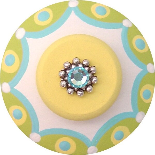 Blue Apple Green and Yellow Scallop Border Dot  Swarovski Crystal Jeweled Hand painted Wood Drawer Pull Knob