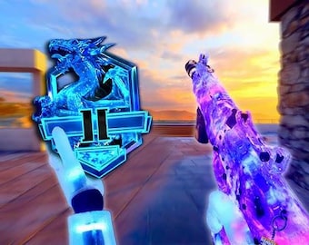 May include: A first-person view of a video game scene. A glowing blue dragon emblem with the Roman numeral II is held in one hand. The other hand holds a purple and blue patterned weapon against a sunset backdrop.