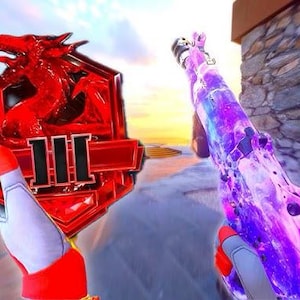 May include: A red dragon-shaped emblem with the Roman numeral III and a purple and white patterned rifle. The emblem is held in a gloved hand with red and white accents. The background is blurred.