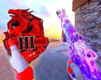 May include: A red dragon-shaped emblem with the Roman numeral III and a purple and white patterned rifle. The emblem is held in a gloved hand with red and white accents. The background is blurred.