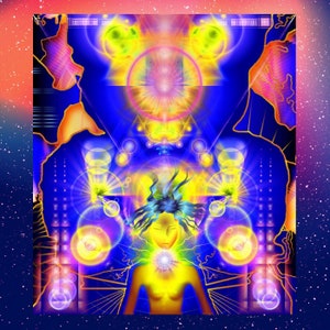 Może przedstawiać: Cyfrowa grafika przedstawiająca postać z promienną żółtą aurą na tle żywego niebiesko-żółtego tła. Grafika zawiera geometryczne kształty, okręgi i motyw kosmiczny, z gwiezdną obwódką.