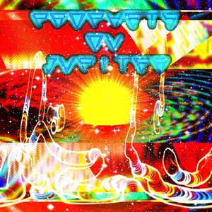 Może przedstawiać: Cyfrowy obraz sztuki psychodelicznej z napisem "PROPHETS VS. APITER" w niebieskim kolorze na czerwonym, żółtym i niebieskim tle. Obraz przedstawia wirujący, abstrakcyjny wzór z jasnym, żółtym słońcem w środku.