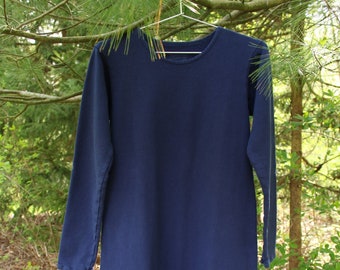 warm cozy winter fleece long sleeve nightgown / dress / pajamas - 100% hemp and organic cotton hand dyed in dark blue - size medium